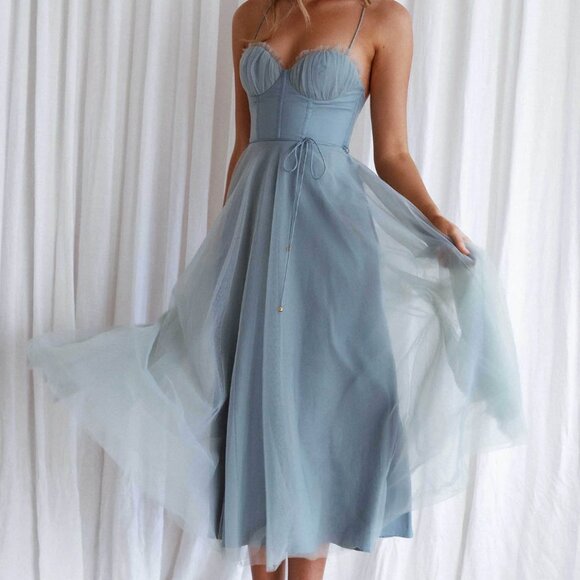 Angel Biba Smitten Sweetheart Neckline Chiffon Midi Dress in Blue Sage - Picture 1 of 8